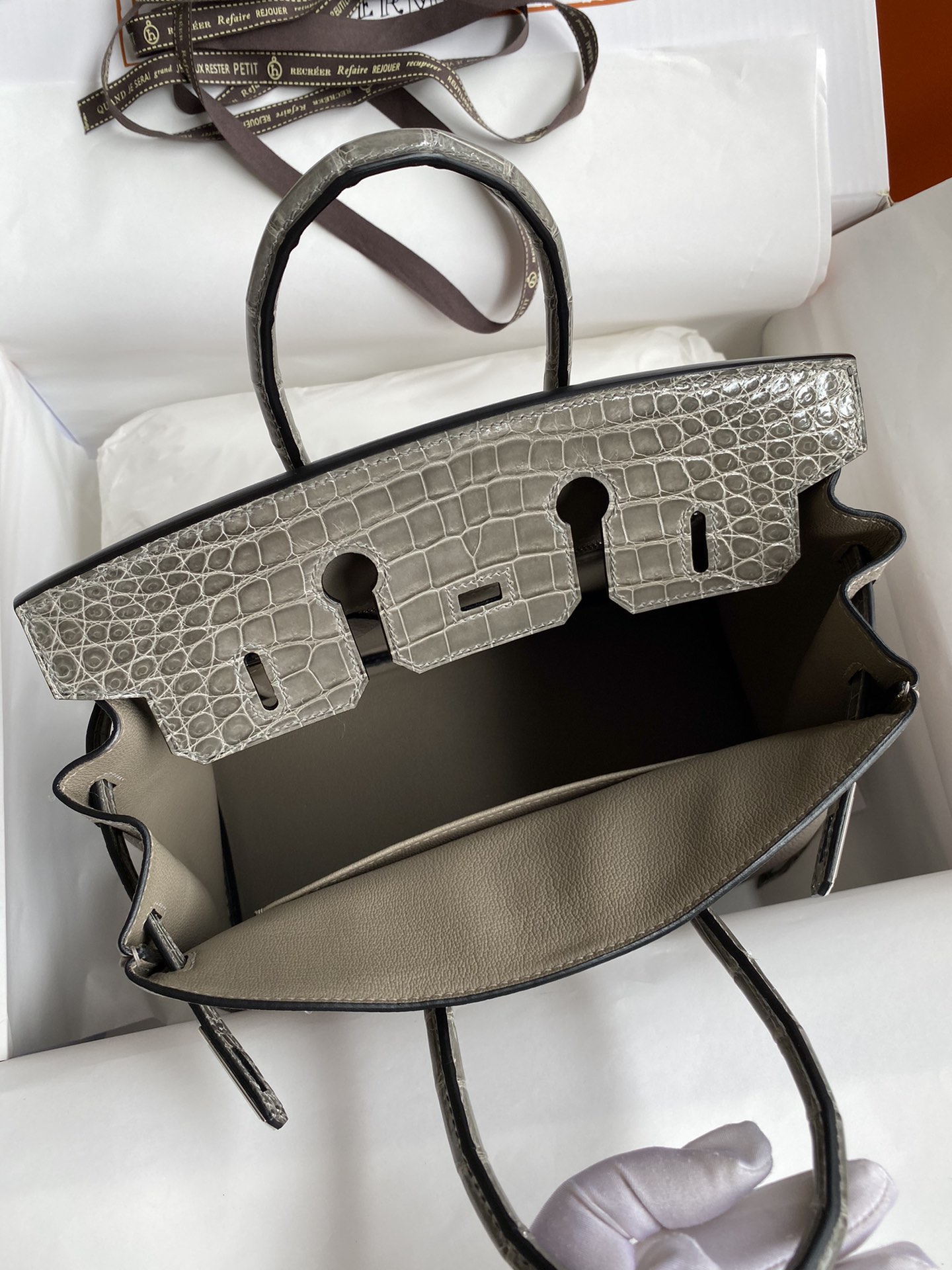 Hermes Touch Birkin 25CM Bag In Gris Asphalte Togo and Shiny Niloticus Crocodile Skin